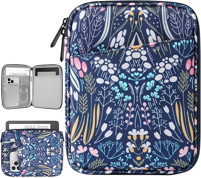 A blue padded, zippered sleeve designed to protect a Kindle e-reader.